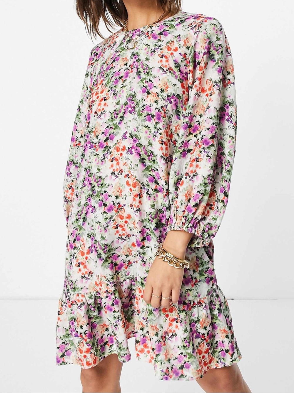 & Other Stories Long-Sleeve Ruffle Hem Dress White with Pink & Orange Floral